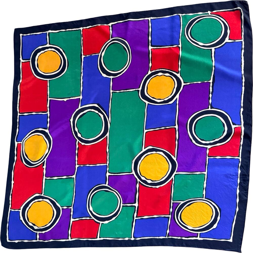 Vintage Echo Silk Chiffon Scarf Geometric Circles Primary Colors Bold 33x34 - Picture 4 of 11